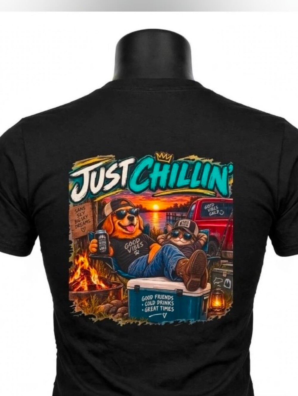 Just Chillin' Good Vibes Dog & Cat Camping Graphic T-Shirt | Lake NWT Boutique